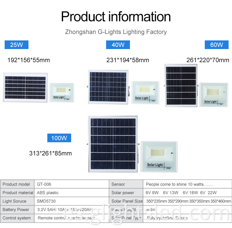 Iluminación de jardín al aire libre IP66 25WATT 40WATT 60WATT 100WATT Solar LED Inundir Lámpara de inundación